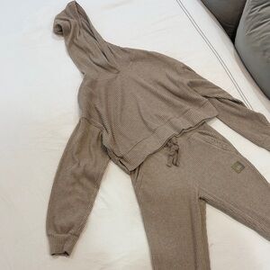 ALO Yoga Tan Ribbed Hoodie and Joggers Set